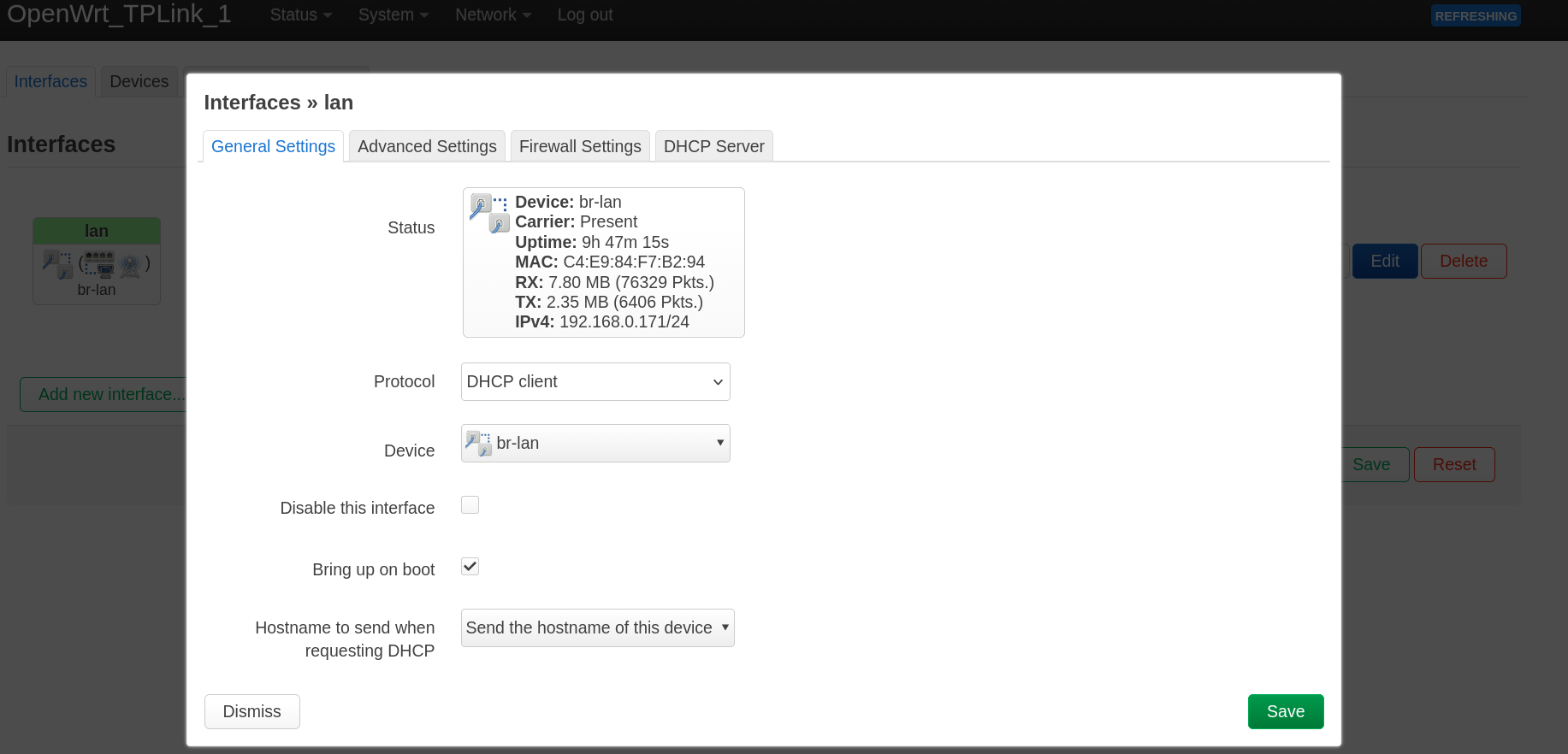 OpenWRT settings for LAN. Protocol is set to DHCP client, Device is br-lan