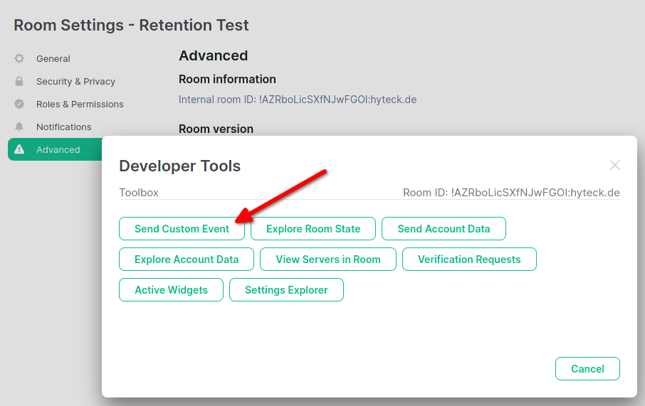 Screenshot of element marking the button “Send custom event” in the developer tools