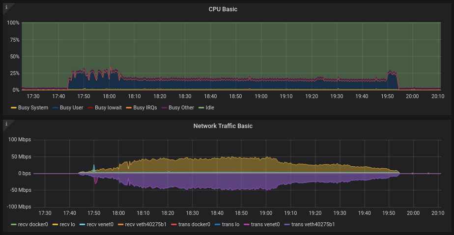 Chart of the CPU load and the network traffic basic. The CPU load was jumpy around 25% from 17:45 to 18:05, after that it was steady around 17.5%. The Network Traffic went up until 18:10 and stayed at 50 Mbps until 19:00