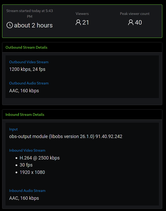 A screenshot of the Owncast admin panel. The outbound stream details are: 1200 kbps, 24 fps and the Input is H.264@2500kbps at 30 fps